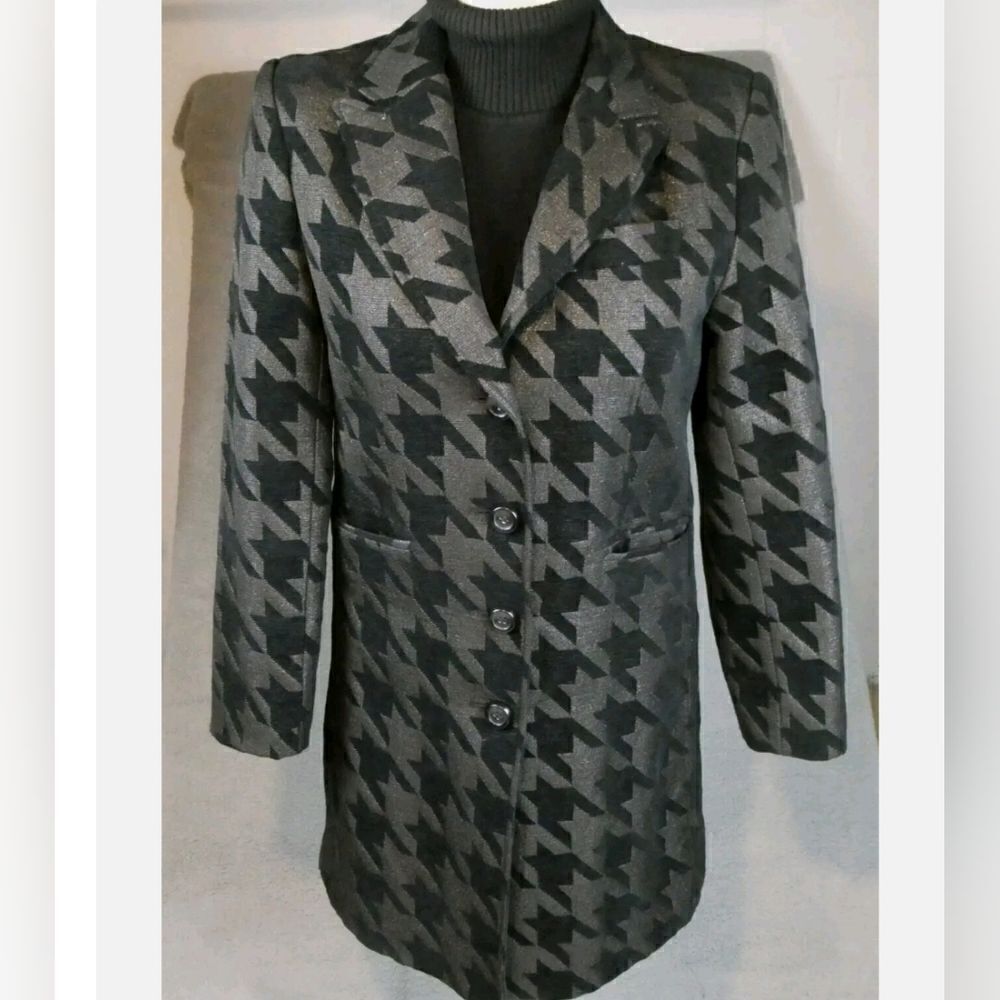 Giacca Coat Large Long Peacoat Black Houndstooth Soft Button Front Classy Womens